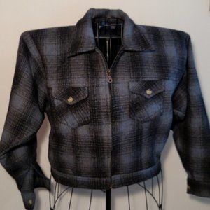 Paris Sports Club vintage, blue-gray & black plaid, bomber jacket, size S